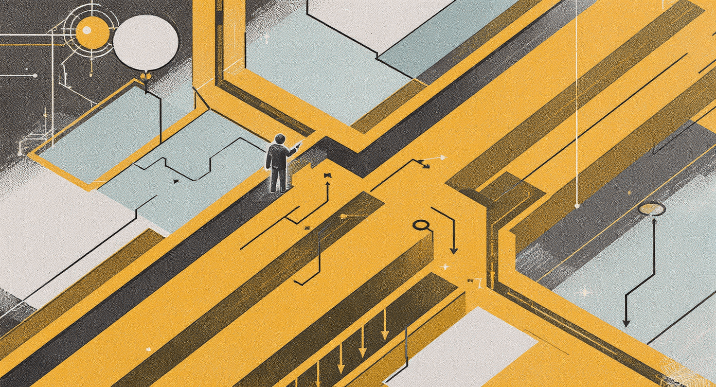 Retro illustration of terminal work, ledgers, and handoff notes for an AI coding project.