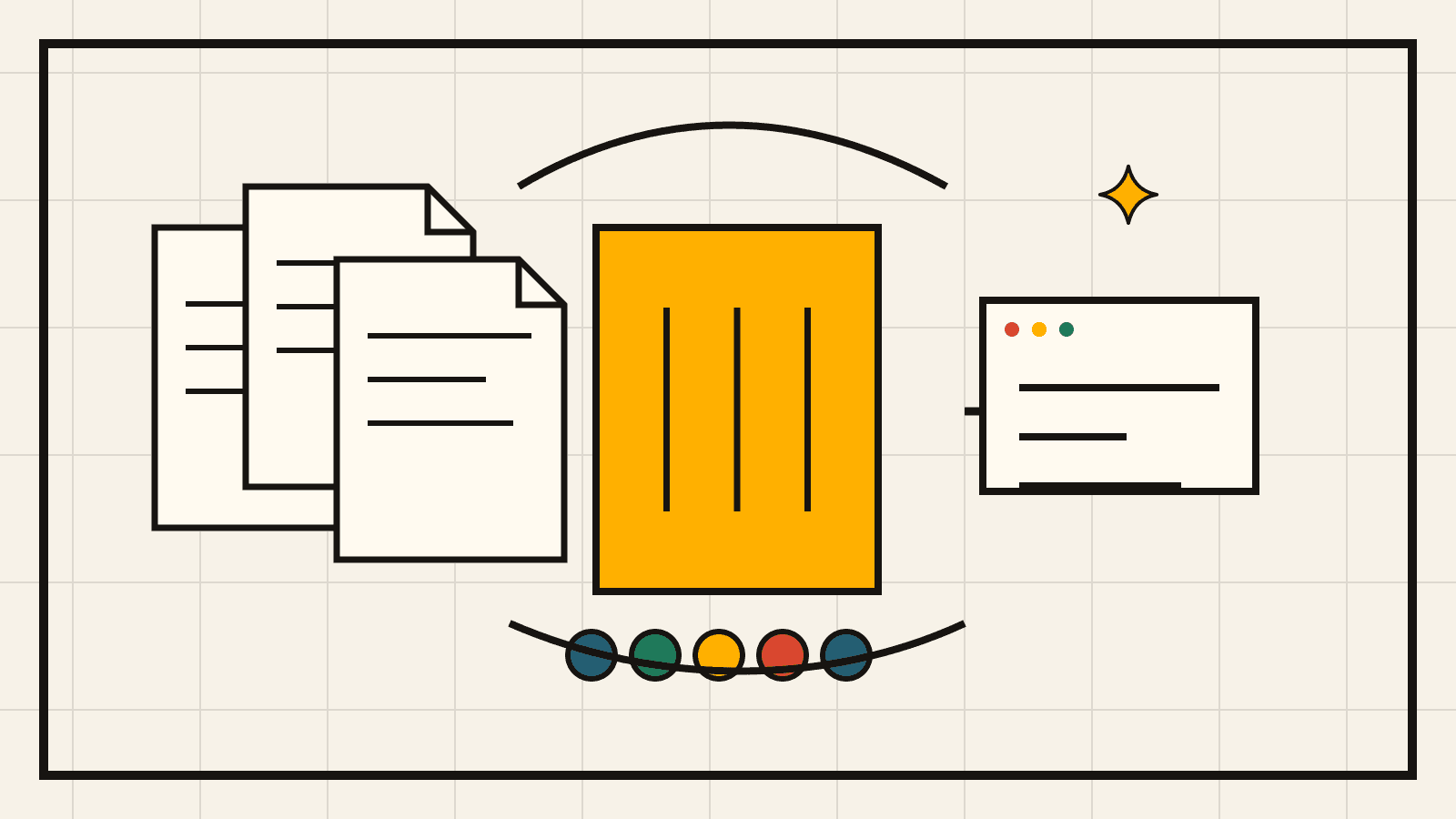 Token meter and context-management gates in a retro AI workflow illustration.