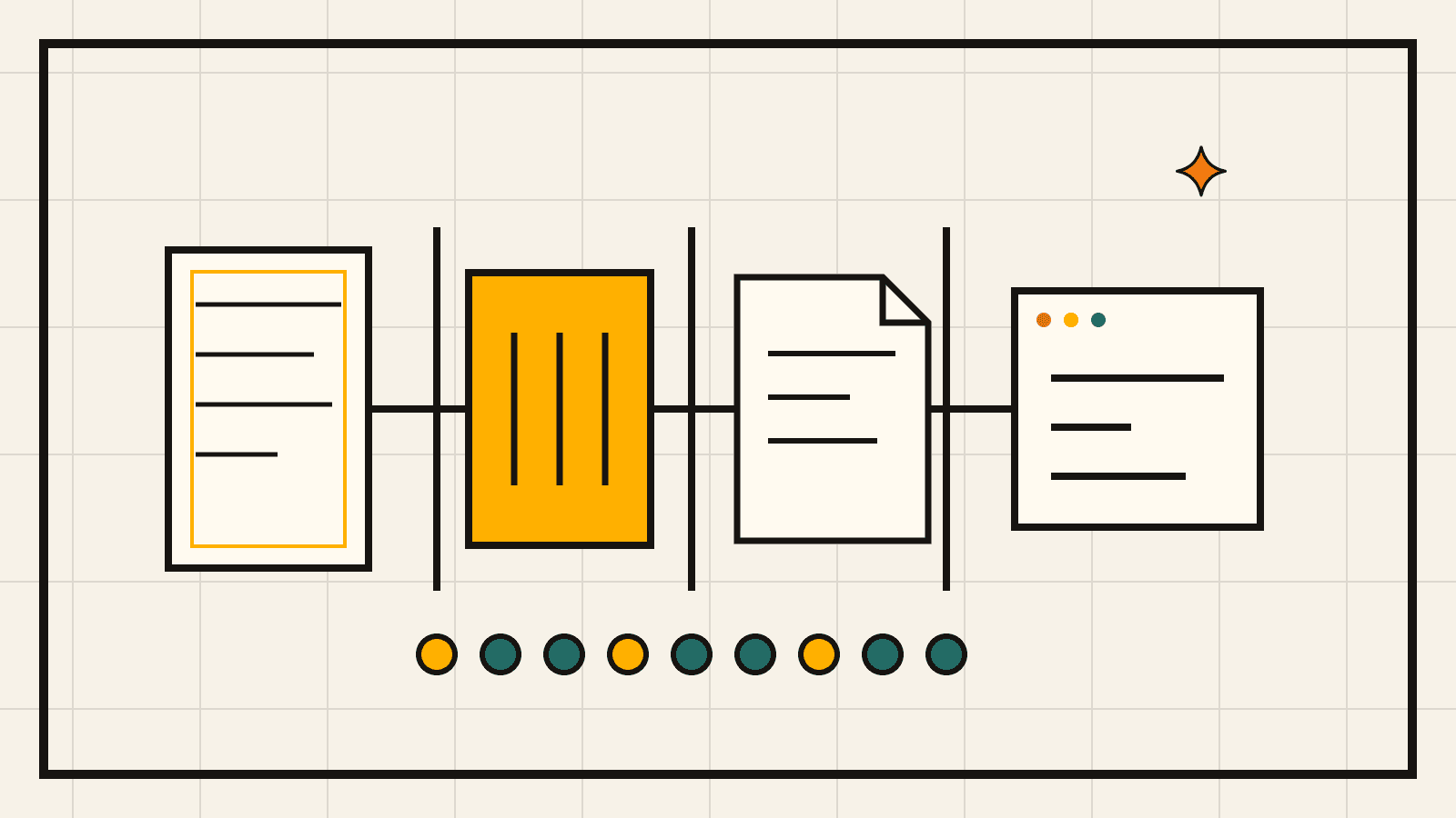 A pruning gate, ledger, retrieval shelf, and worker lanes reducing token flow into a model window.