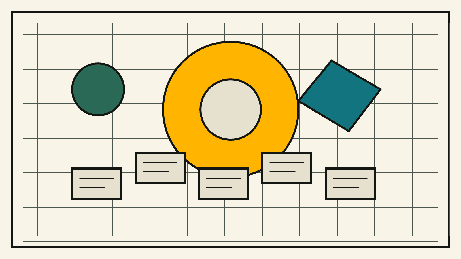 A bright solar model symbol surrounded by comparison cards in a retro editorial illustration.