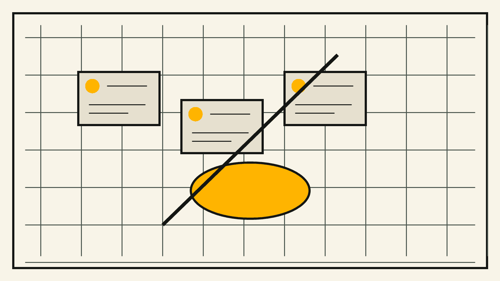 Abstract social-post cards orbiting a solar model symbol with a diagonal launch marker.
