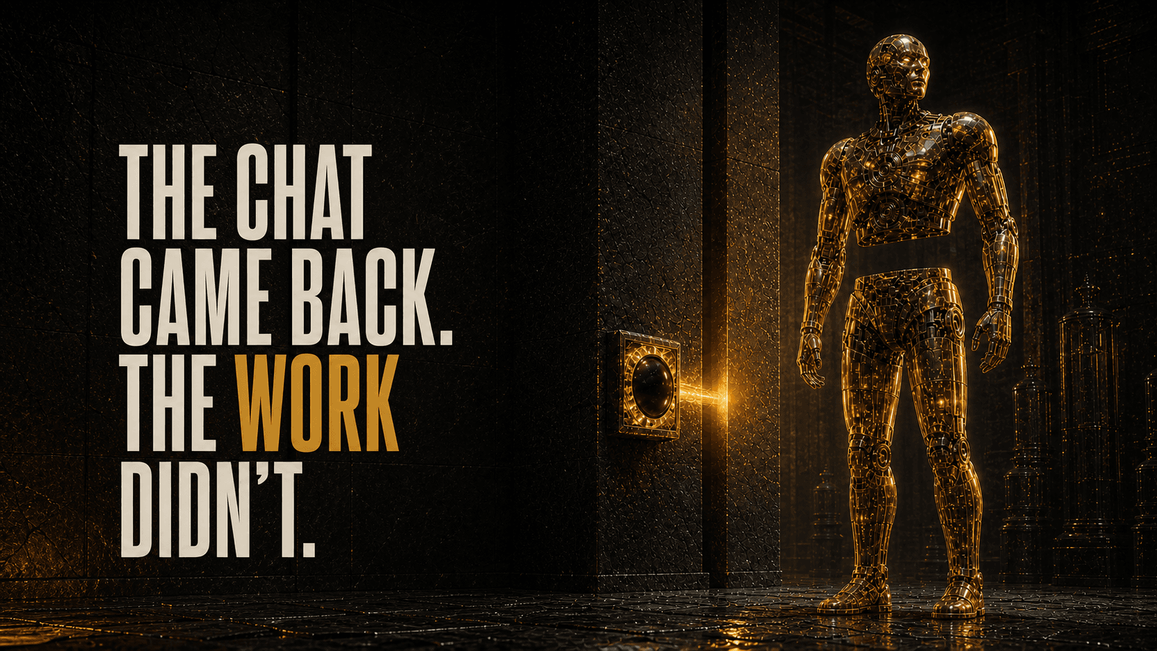Headline, The Chat Came Back. The Work Didn't, beside an amber checkpoint restoring a mechanical figure with one missing state band.
