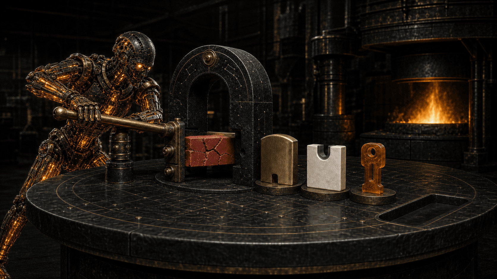 A luminous AI operator forces one cracked red workpiece through a black-stone testing gate toward a brass guard, a white test block, and an amber rollback key.