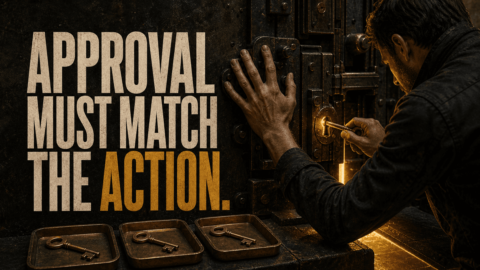Headline, Approval Must Match the Action., beside an operator opening one exact threshold key while three almost-matching keys remain rejected.