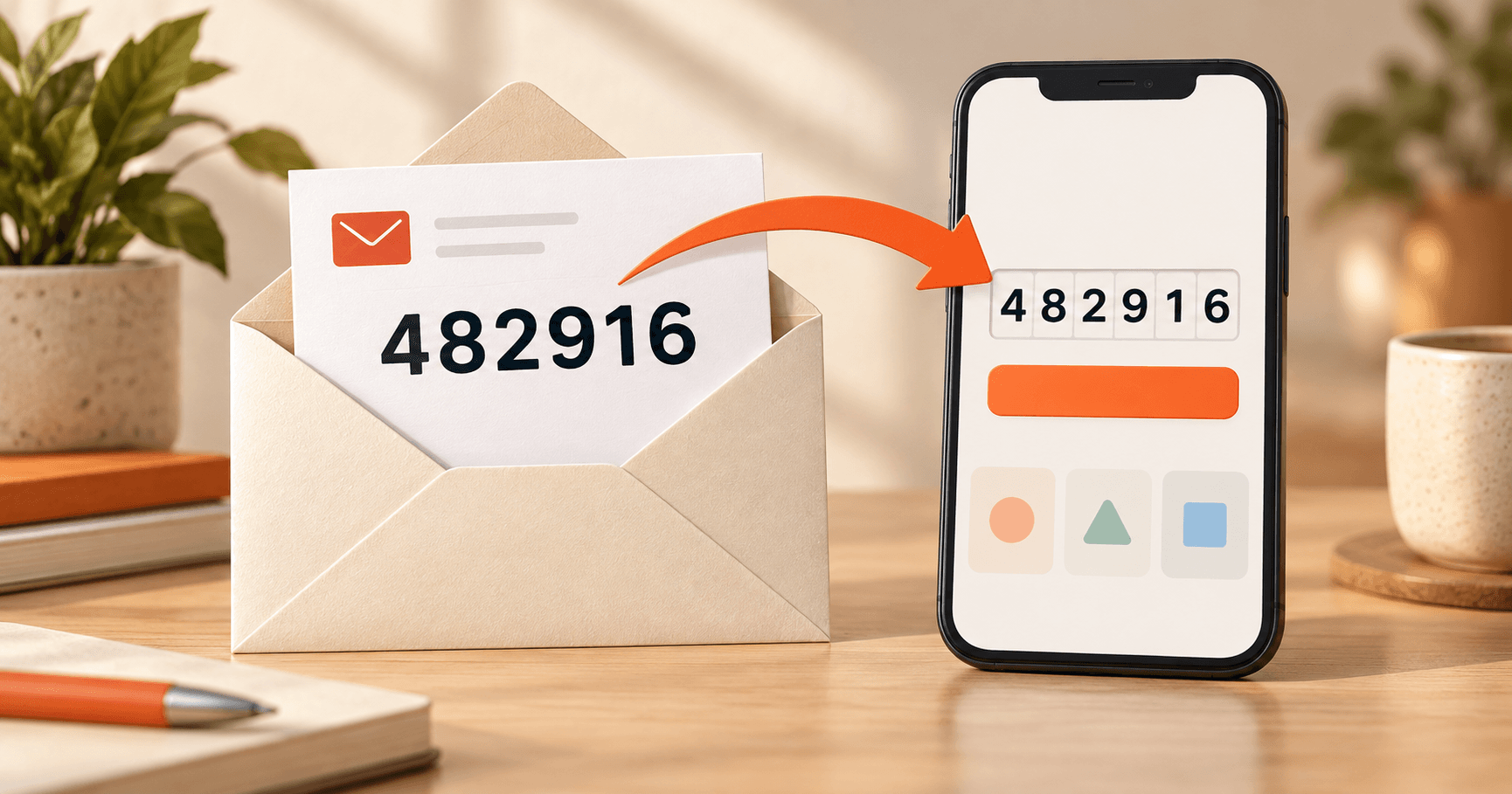 A six-digit code moves from an email message into an app so the person can continue.