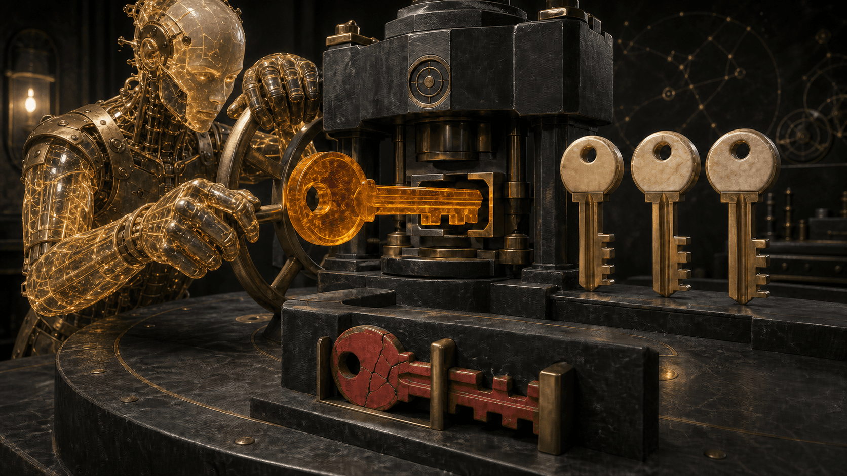 A luminous AI operator turns a brass handwheel while feeding one amber master key into a black-stone press; three matching keys emerge as a cracked red key fails a gauge.