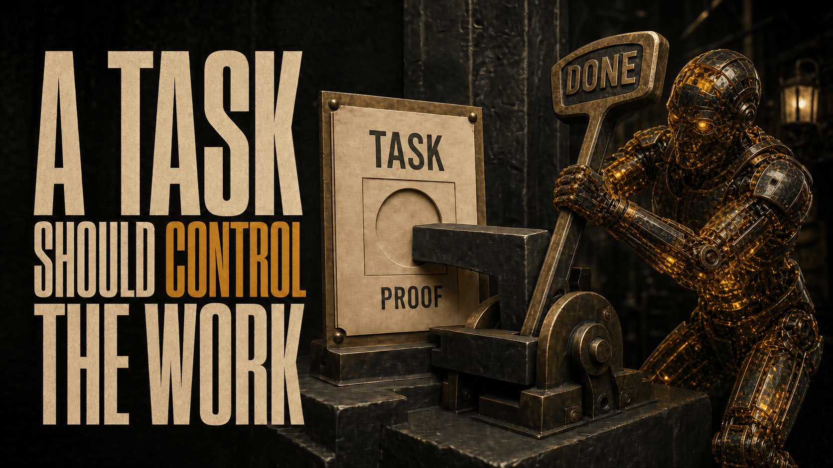 Headline, A Task Should Control the Work, beside a TASK card with an empty PROOF seal whose locking bar blocks a DONE lever as an amber AI light being strains to pull it.