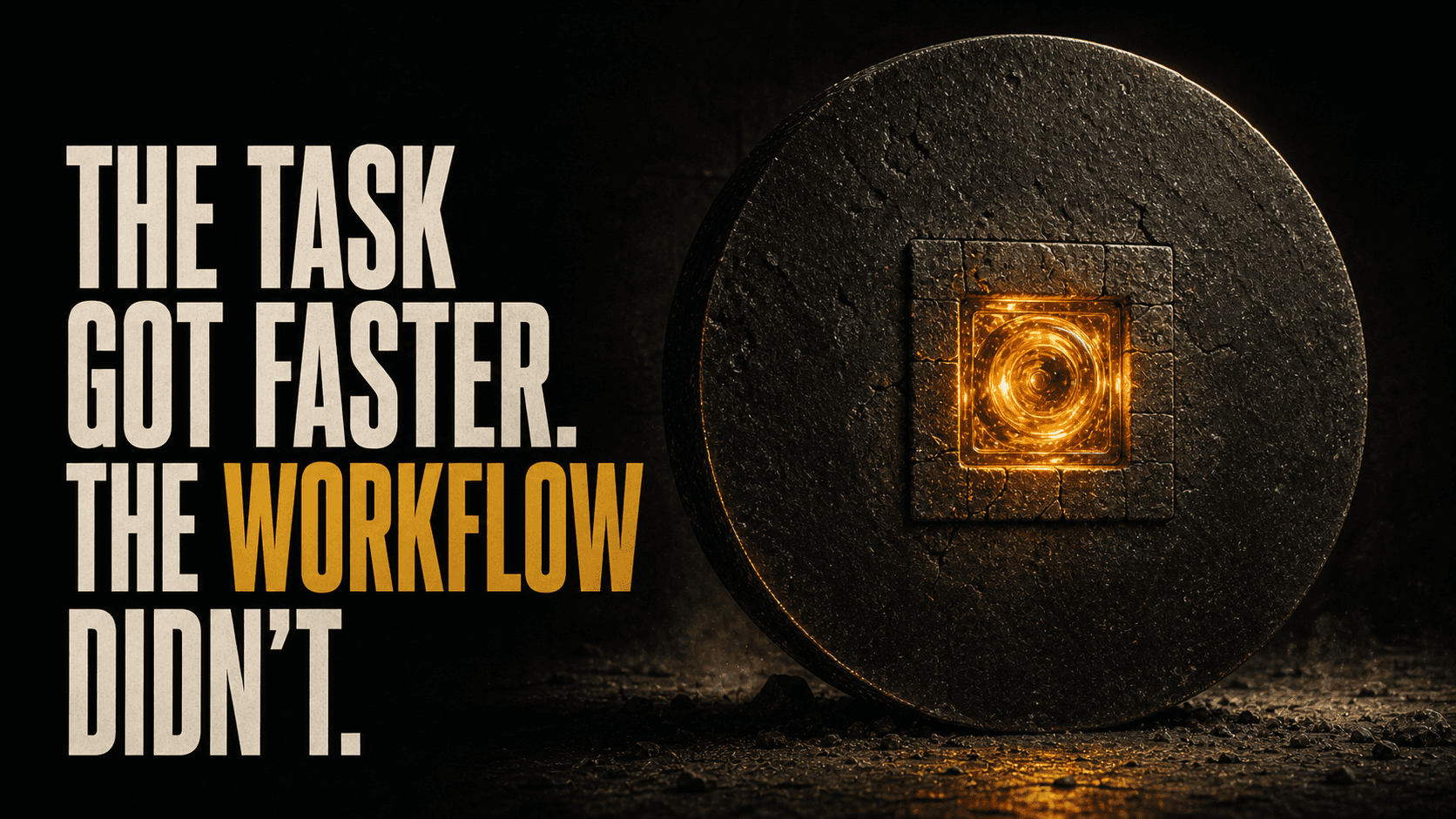 A glowing square drive spinning inside a motionless black basalt flywheel beside the headline, The Task Got Faster. The Workflow Didn't.