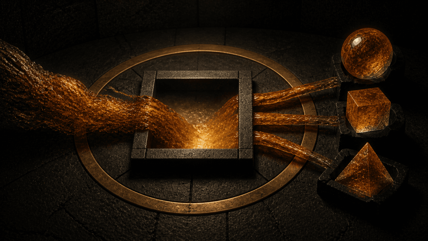 One tangled amber source crossing a square quality gate inside a circular workflow and becoming three inspectable outcomes.