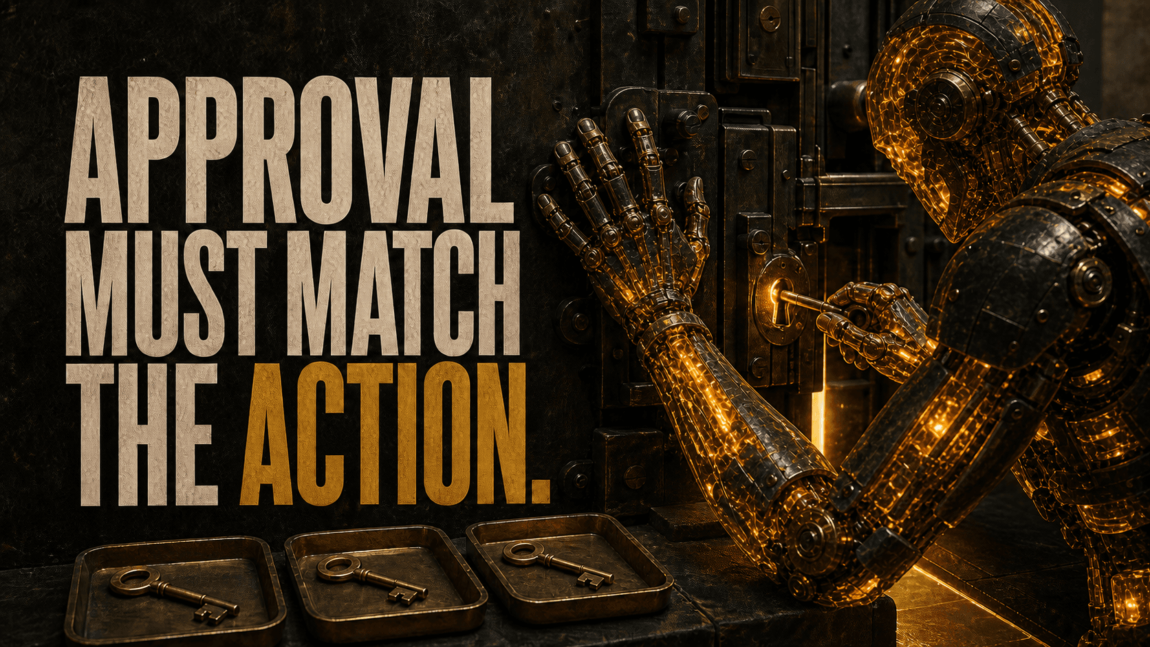 Headline, Approval Must Match the Action., beside an amber AI light being inserting one accepted key into a gate while three almost-matching keys remain rejected.