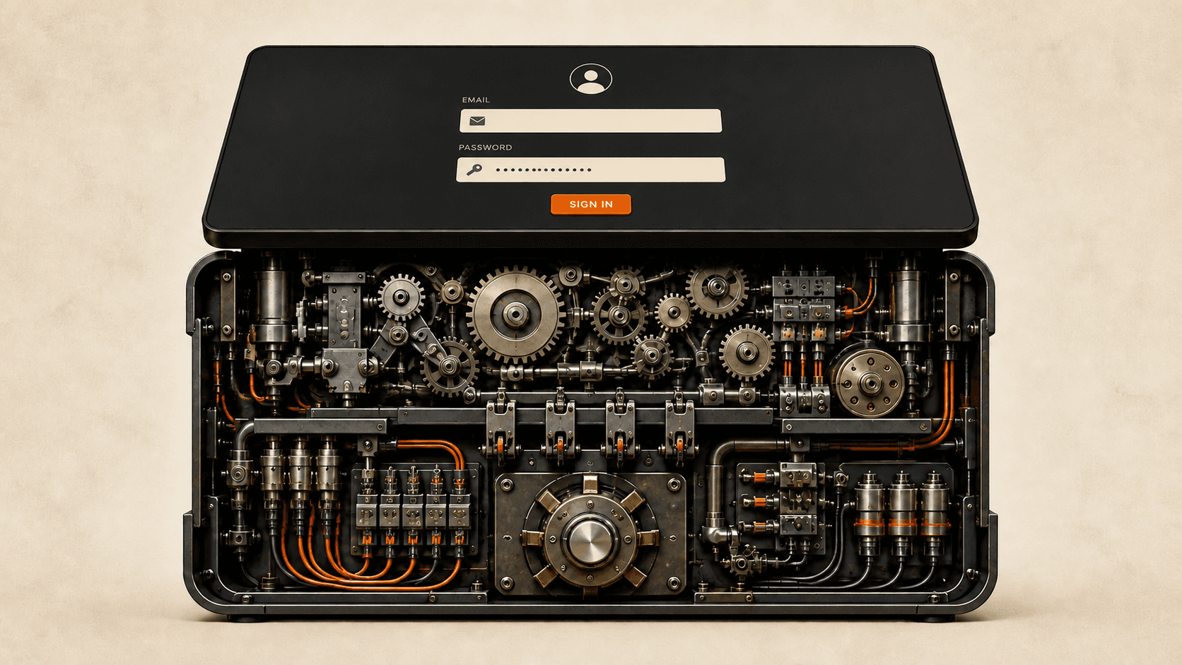 A black login screen with email and password fields sits directly above a dense cutaway of gears, relays, wiring, and mechanical parts.