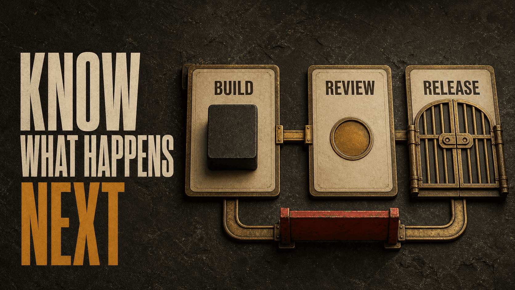 Headline, Know What Happens Next, beside BUILD, REVIEW, and RELEASE cards where an open track leads to review and a red barrier blocks release.