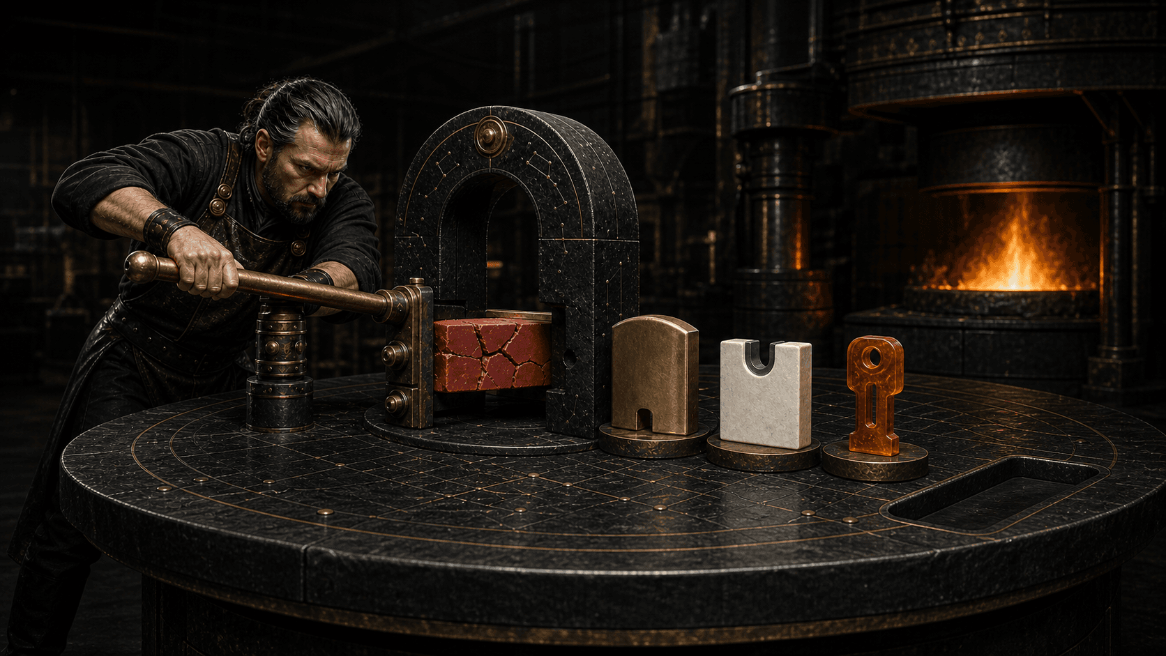An operator forces one cracked red workpiece through a black-stone testing gate toward a brass guard, a white test block, and an amber rollback key.