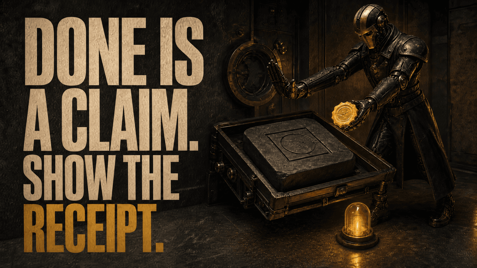 Headline, Done Is a Claim. Show the Receipt., beside a mechanical reviewer withholding acceptance while checking an artifact, receipt seal, and live-state beacon.
