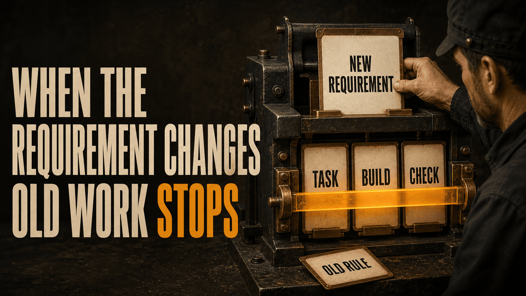 Headline, When the Requirement Changes Old Work Stops, beside an operator inserting a NEW REQUIREMENT card as an amber bar blocks TASK, BUILD, and CHECK cards above an OLD RULE card.