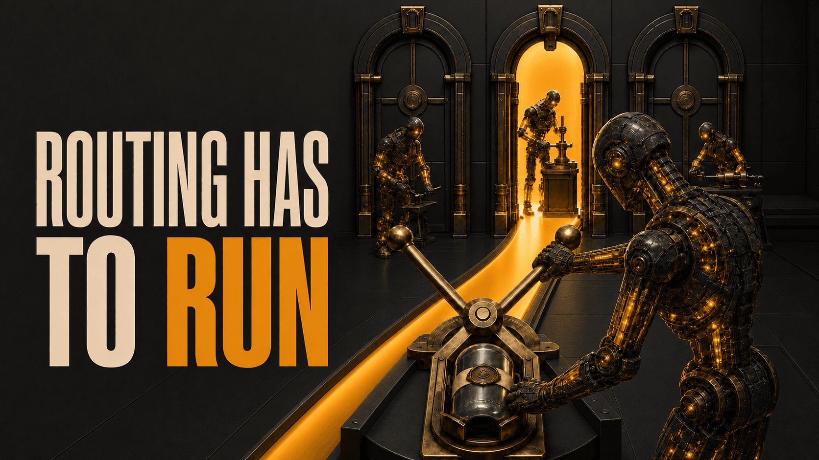 Headline, Routing Has to Run, beside four luminous AI beings as one uses a three-position key to send a sealed work capsule through the open center gate.