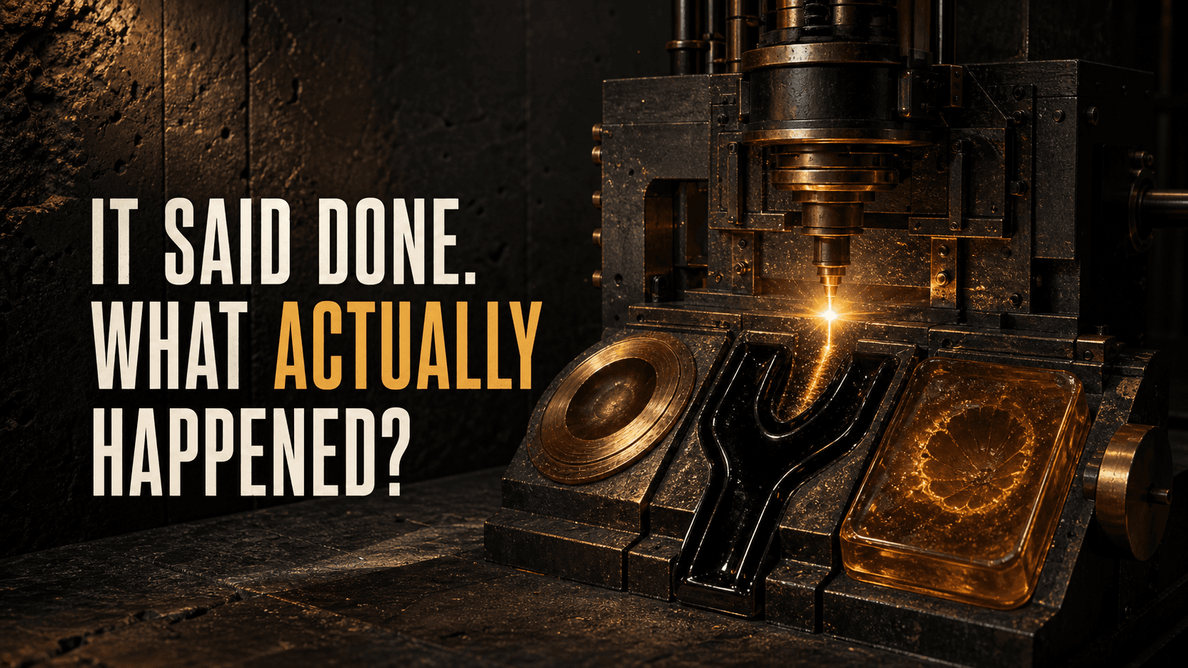 Headline, It Said Done. What Actually Happened?, beside one mechanical incident leaving an event, decision, and proof record in brass, black glass, and amber.