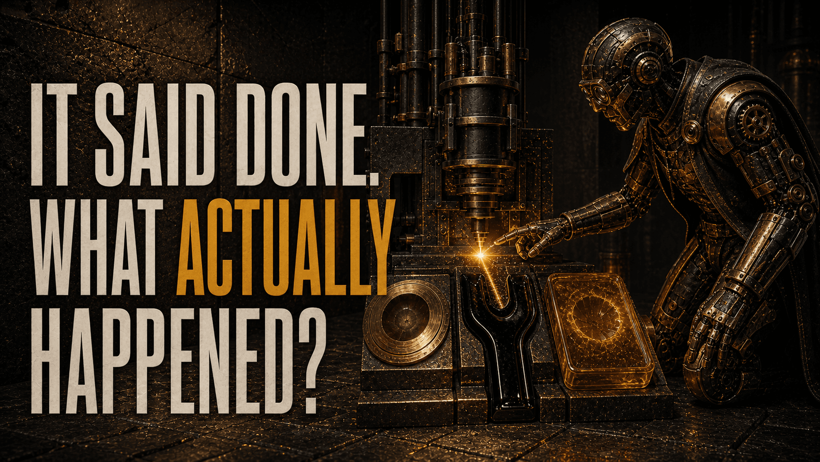 Headline, It Said Done. What Actually Happened?, beside a brass-and-black archivist investigating one incident as it leaves event, decision, and proof records.