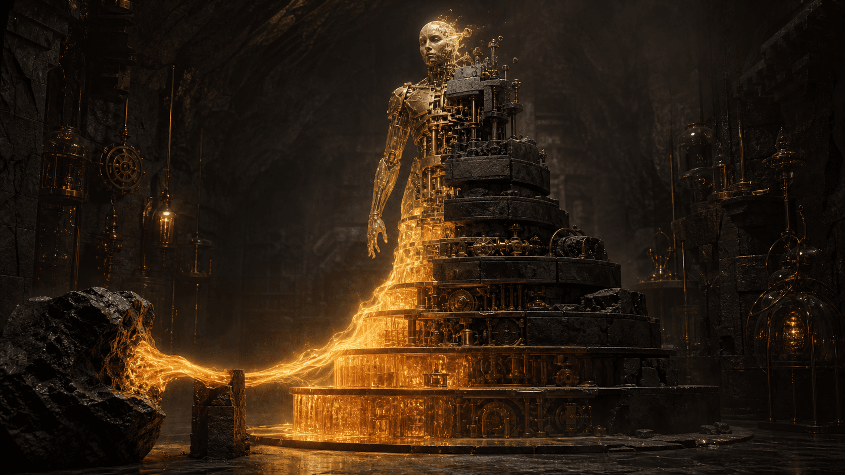 An unfinished mechanical figure forming from seven amber-lit layers inside a black basalt workshop, representing reliable AI work taking shape.