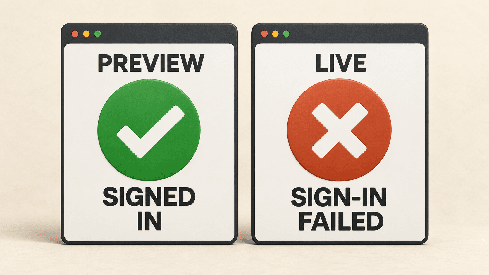 Two app screens compare sign-in working in preview with sign-in failing on the live site.