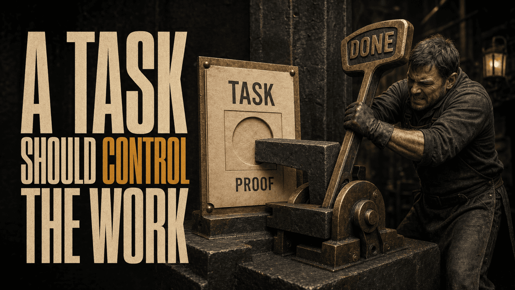 Headline, A Task Should Control the Work, beside a TASK card with an empty PROOF seal whose locking bar blocks a DONE lever as an operator fails to pull it.